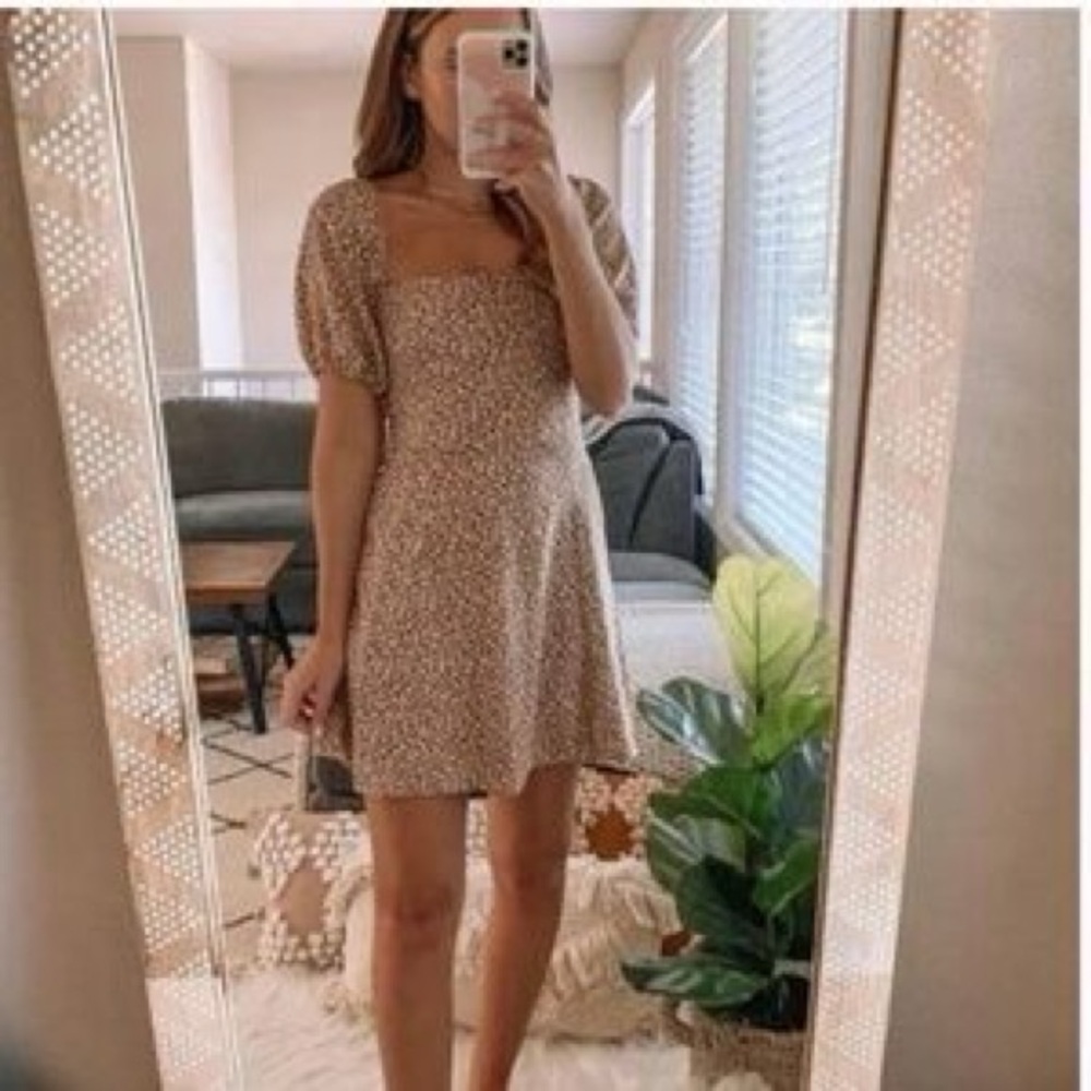 Abercrombie & Fitch Tan Smocked Puff Sleeve Mini Dress